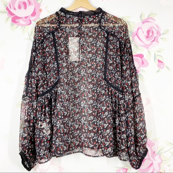 NEW ZARA Black Ditsy Floral Print Ruffle Sheer Blouse XL - Picture 7 of 11